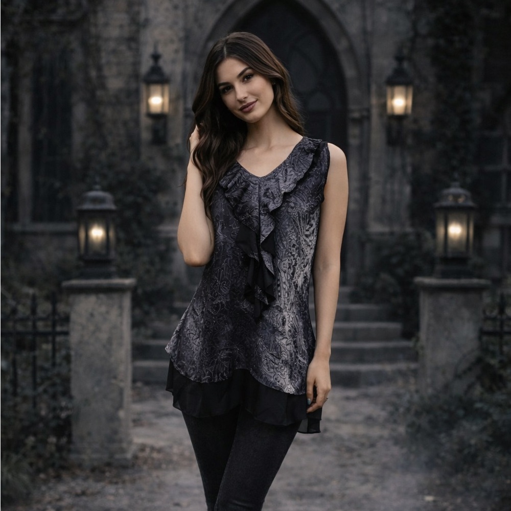 Dressbarn Sheer Ruffle Front Blouse | Gothic Romantic Top Small